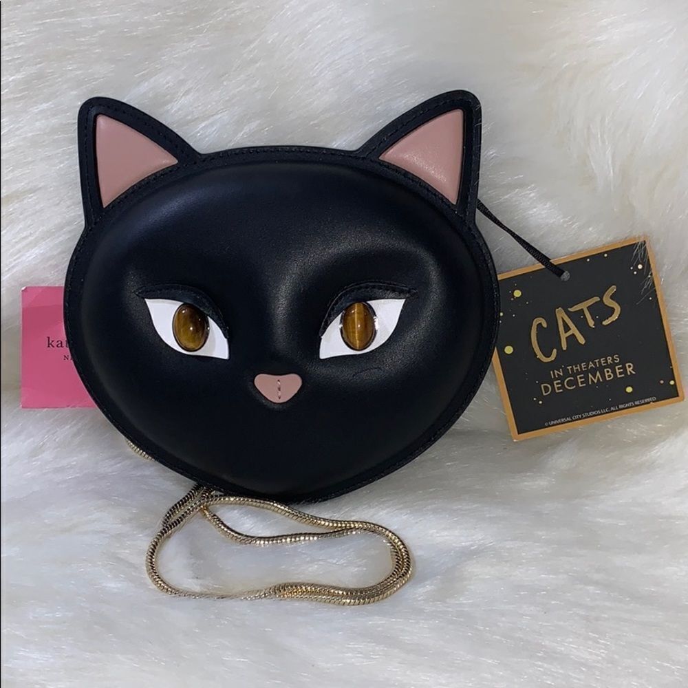 KATE SPADE BLACK CAT CROSSBODY BAG MEOW NOVELTY PURSE LEATHER GOLD CHAIN - Picture 3 of 9